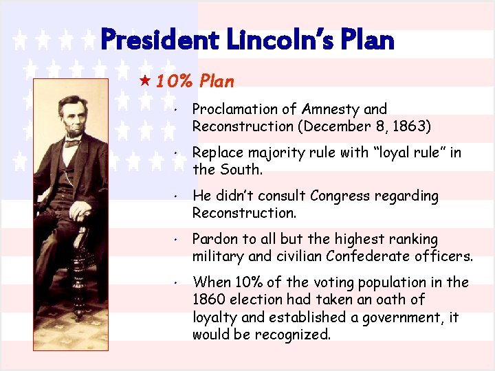 President Lincoln’s Plan « 10% Plan * Proclamation of Amnesty and Reconstruction (December 8,