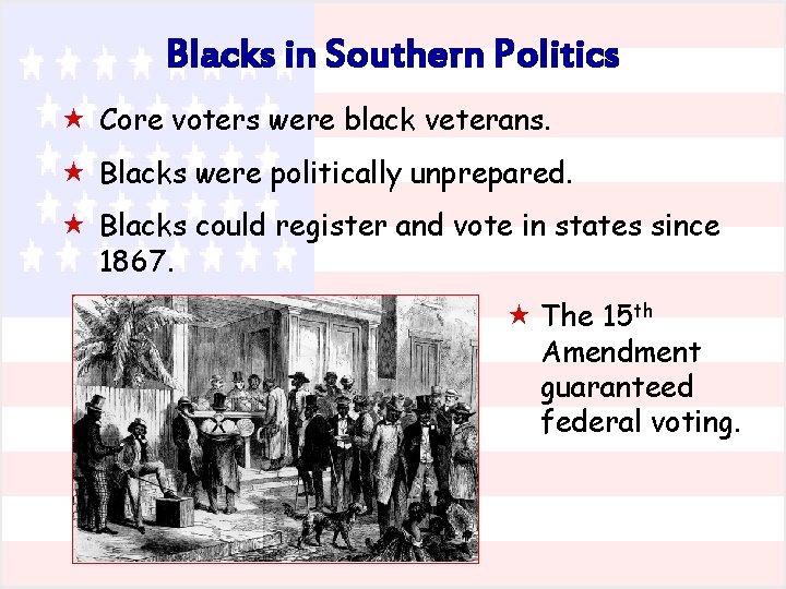 Blacks in Southern Politics « Core voters were black veterans. « Blacks were politically