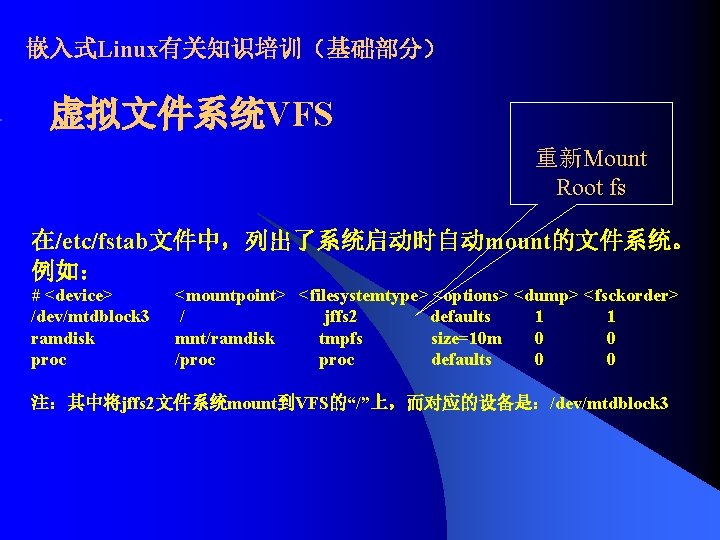 嵌入式Linux有关知识培训（基础部分） 虚拟文件系统VFS 重新Mount Root fs 在/etc/fstab文件中，列出了系统启动时自动mount的文件系统。 例如： # <device> /dev/mtdblock 3 ramdisk proc <mountpoint>