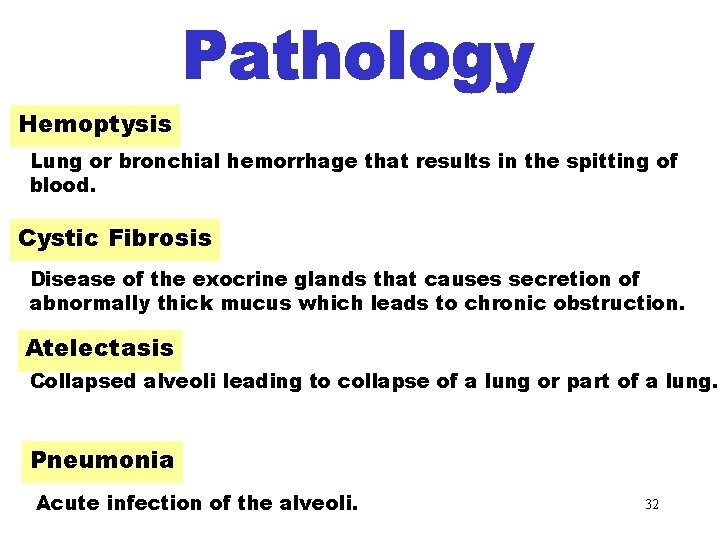 Hemoptysis Lung or bronchial hemorrhage that results in the spitting of blood. Cystic Fibrosis