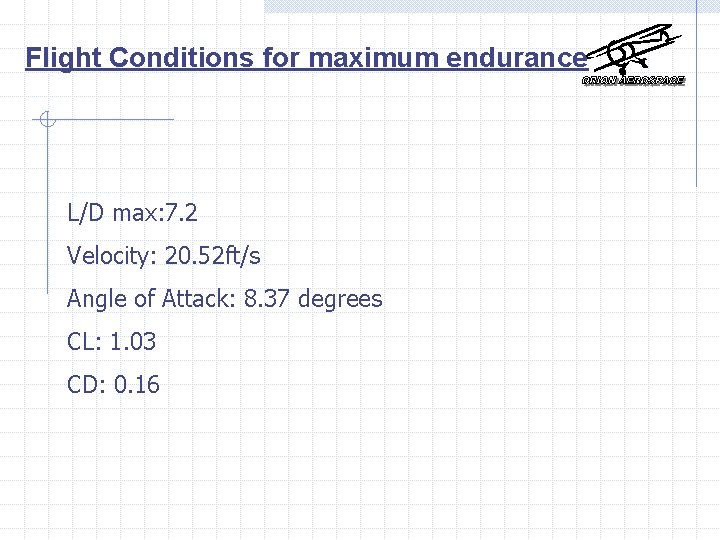 Flight Conditions for maximum endurance L/D max: 7. 2 Velocity: 20. 52 ft/s Angle