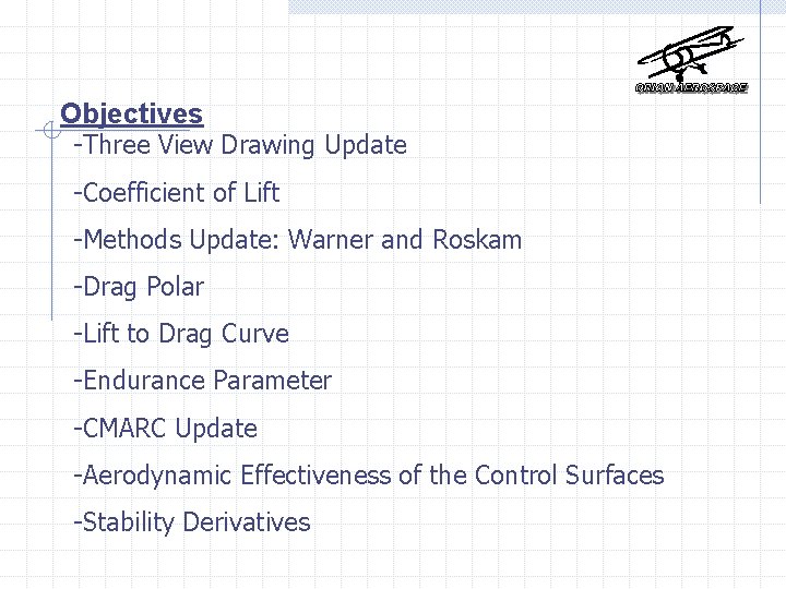 Objectives -Three View Drawing Update -Coefficient of Lift -Methods Update: Warner and Roskam -Drag