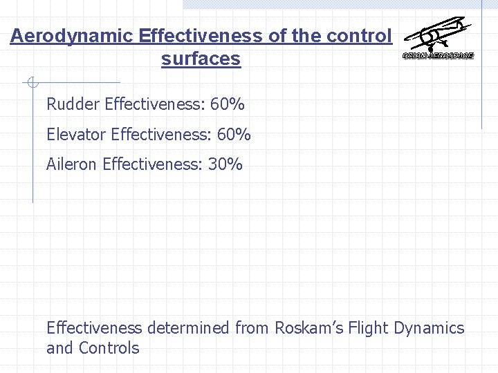 Aerodynamic Effectiveness of the control surfaces Rudder Effectiveness: 60% Elevator Effectiveness: 60% Aileron Effectiveness: