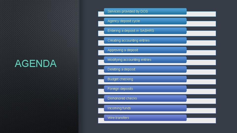 Services provided by DOS Agency deposit cycle Entering a deposit in SABHRS Creating accounting