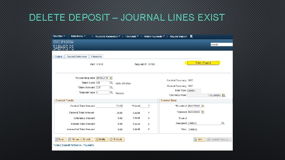 DELETE DEPOSIT – JOURNAL LINES EXIST 