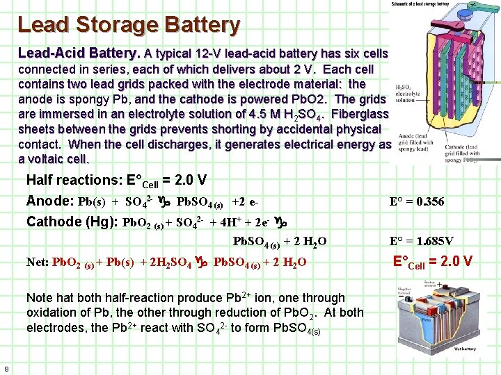 Lead Storage Battery Lead-Acid Battery. A typical 12 -V lead-acid battery has six cells