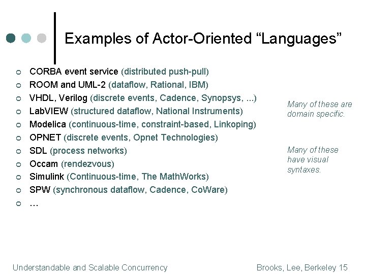 Examples of Actor-Oriented “Languages” ¢ ¢ ¢ CORBA event service (distributed push-pull) ROOM and
