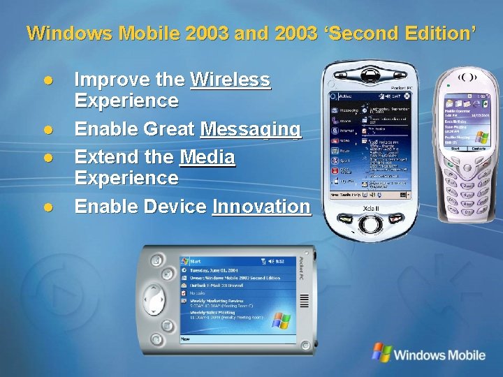 Windows Mobile 2003 and 2003 ‘Second Edition’ l l Improve the Wireless Experience Enable