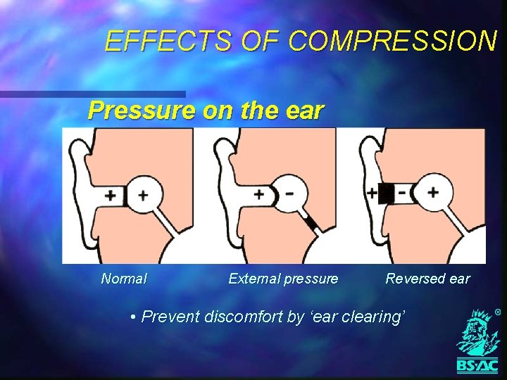 EFFECTS OF COMPRESSION Pressure on the ear Normal External pressure Reversed ear • Prevent