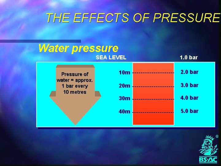 THE EFFECTS OF PRESSURE Water pressure SEA LEVEL Pressure of water = approx. 1