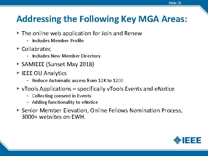 Slide 25 Addressing the Following Key MGA Areas: ▸ The online web application for