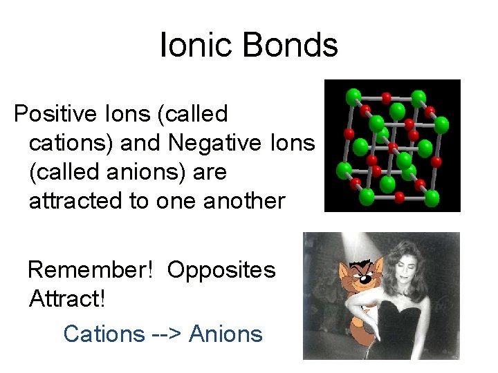 Ionic Bonds Positive Ions (called cations) and Negative Ions (called anions) are attracted to