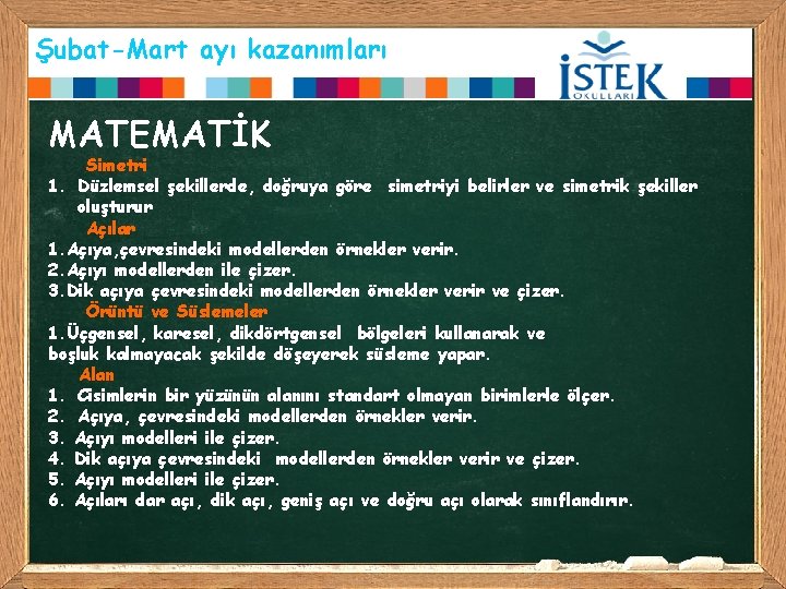 Şubat-Mart ayı kazanımları MATEMATİK Simetri 1. Düzlemsel şekillerde, doğruya göre simetriyi belirler ve simetrik