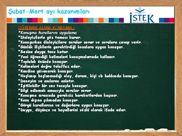 Şubat-Mart ayı kazanımları ÖĞRENME ALANI: KONUŞMA : *Konuşma kurallarını uygulama *Dinleyicilerle göz teması kurar.