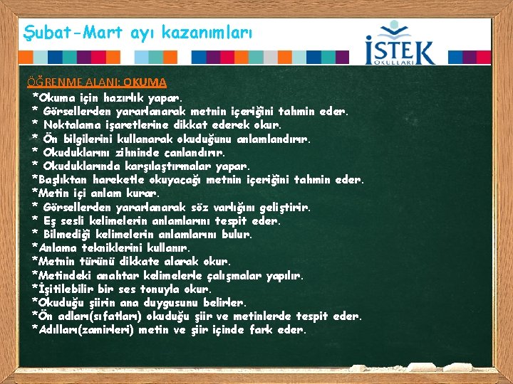 Şubat-Mart ayı kazanımları ÖĞRENME ALANI: OKUMA *Okuma için hazırlık yapar. * Görsellerden yararlanarak metnin