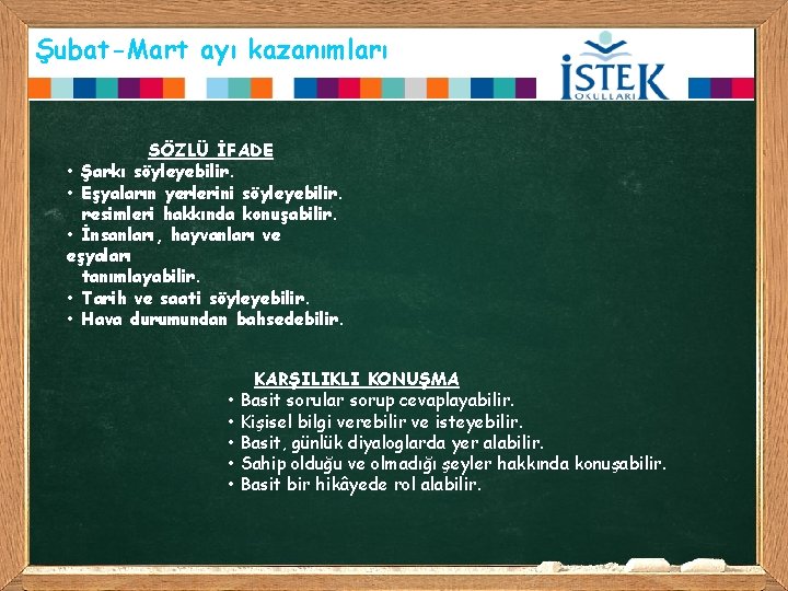 Şubat-Mart ayı kazanımları SÖZLÜ İFADE • Şarkı söyleyebilir. • Eşyaların yerlerini söyleyebilir. resimleri hakkında