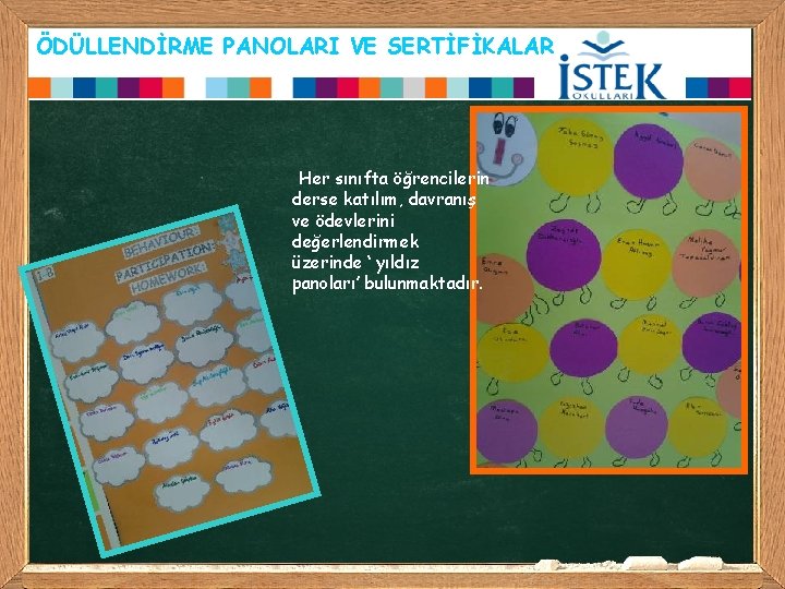 ÖDÜLLENDİRME PANOLARI VE SERTİFİKALAR Her sınıfta öğrencilerin derse katılım, davranış ve ödevlerini değerlendirmek üzerinde