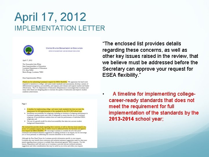 April 17, 2012 IMPLEMENTATION LETTER “The enclosed list provides details regarding these concerns, as