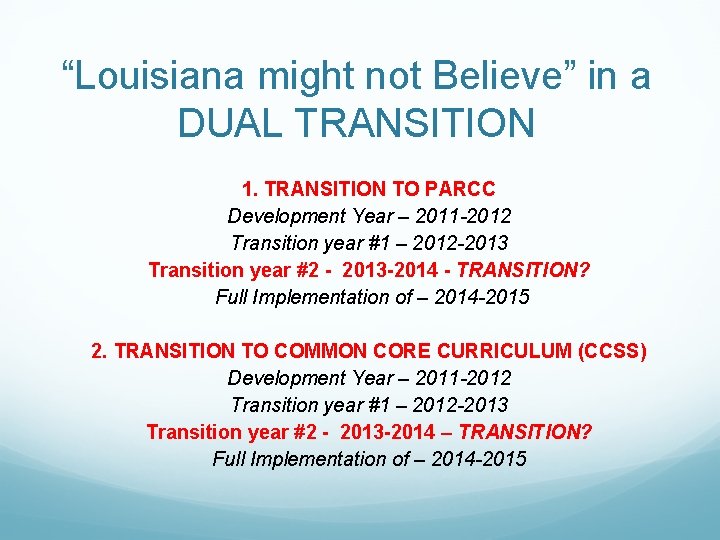 “Louisiana might not Believe” in a DUAL TRANSITION 1. TRANSITION TO PARCC Development Year