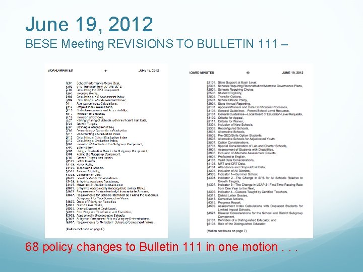 June 19, 2012 BESE Meeting REVISIONS TO BULLETIN 111 – 68 policy changes to