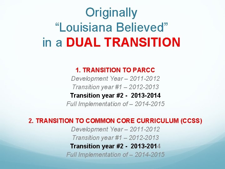 Originally “Louisiana Believed” in a DUAL TRANSITION 1. TRANSITION TO PARCC Development Year –