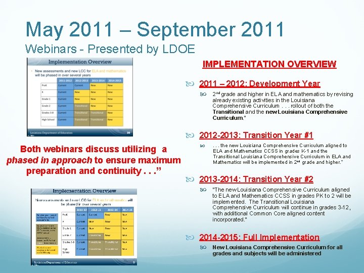 May 2011 – September 2011 Webinars - Presented by LDOE IMPLEMENTATION OVERVIEW 2011 –