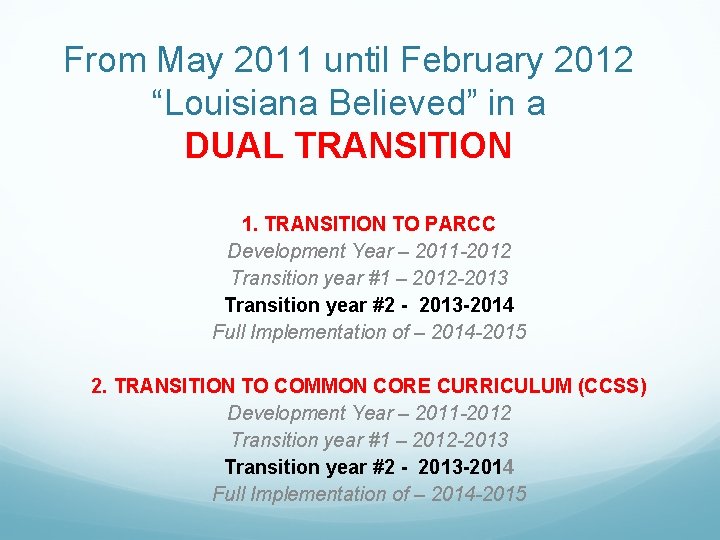 From May 2011 until February 2012 “Louisiana Believed” in a DUAL TRANSITION 1. TRANSITION