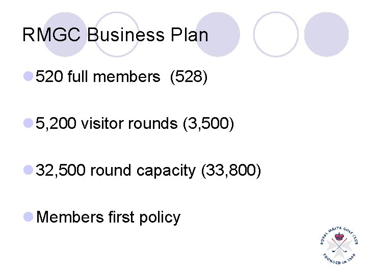 RMGC Business Plan l 520 full members (528) l 5, 200 visitor rounds (3,