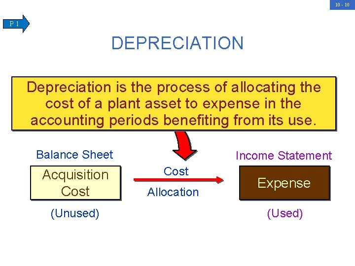 10 - 10 P 1 DEPRECIATION Depreciation is the process of allocating the cost