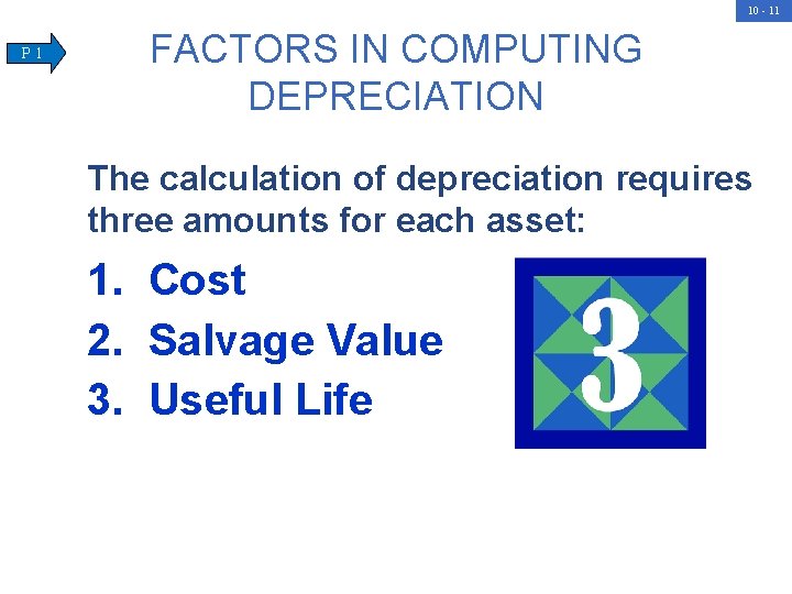 10 - 11 P 1 FACTORS IN COMPUTING DEPRECIATION The calculation of depreciation requires