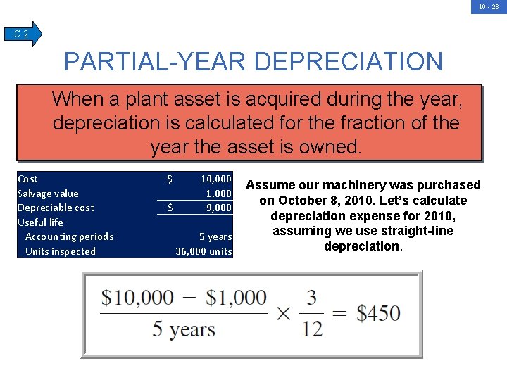 10 - 23 C 2 PARTIAL-YEAR DEPRECIATION When a plant asset is acquired during