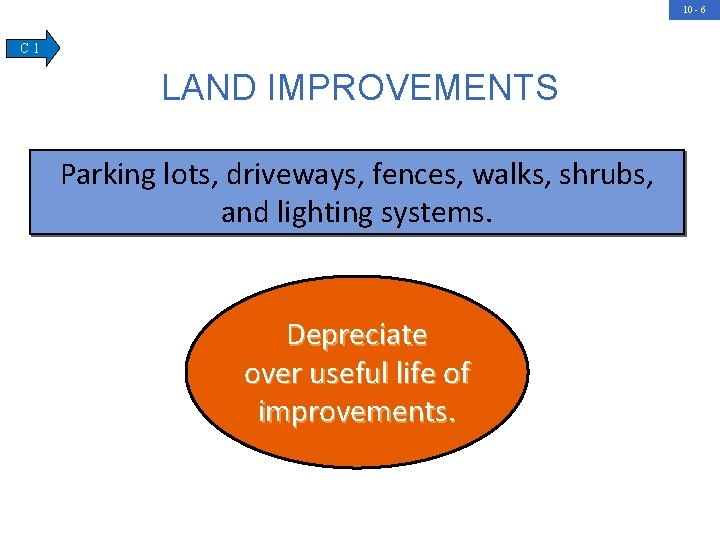 10 - 6 C 1 LAND IMPROVEMENTS Parking lots, driveways, fences, walks, shrubs, and