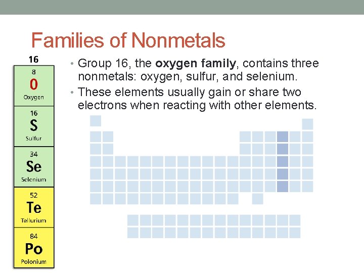 Families of Nonmetals • Group 16, the oxygen family, contains three nonmetals: oxygen, sulfur,
