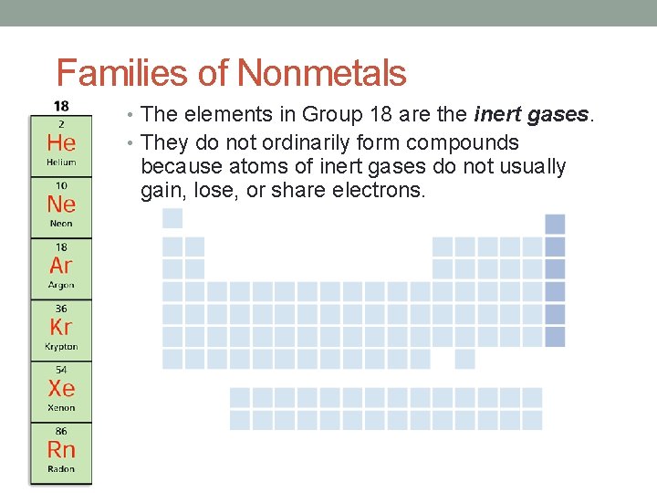 Families of Nonmetals • The elements in Group 18 are the inert gases. •