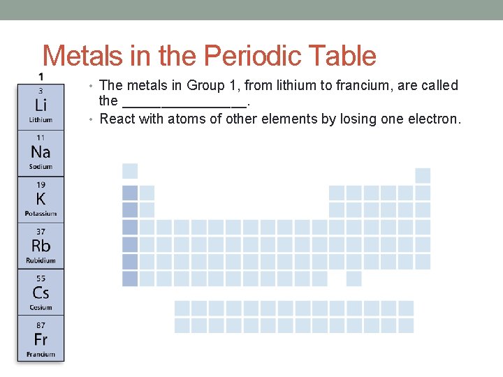 Metals in the Periodic Table • The metals in Group 1, from lithium to