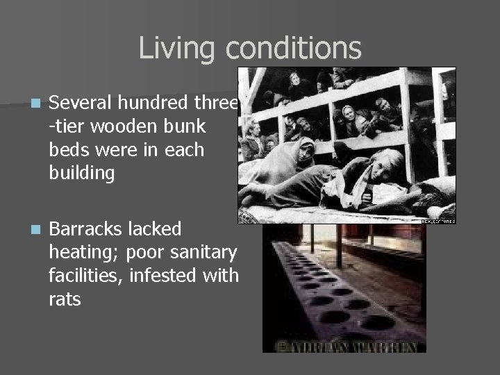 Living conditions n Several hundred three -tier wooden bunk beds were in each building