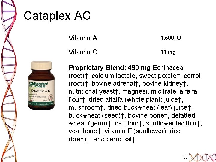 Cataplex AC Vitamin A 1, 500 IU Vitamin C 11 mg Proprietary Blend: 490
