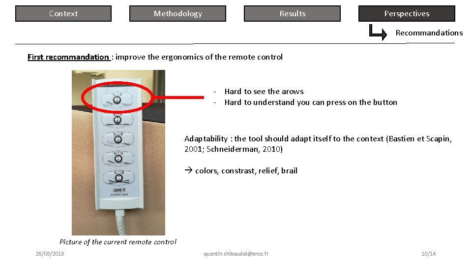 Context Results Methodology Perspectives Recommandations First recommandation : improve the ergonomics of the remote