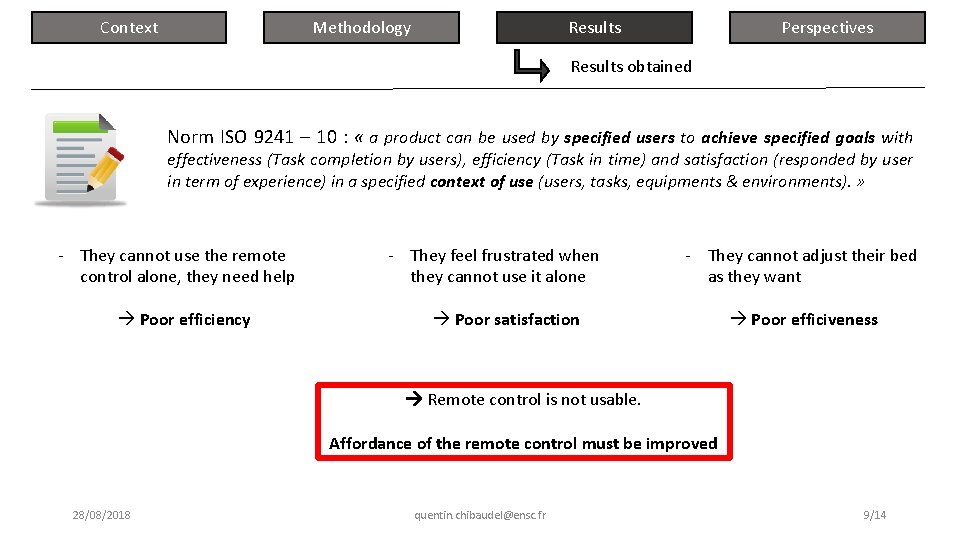 Context Results Methodology Perspectives Results obtained Norm ISO 9241 – 10 : « a