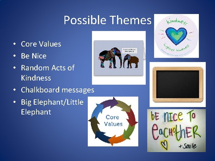 Possible Themes • Core Values • Be Nice • Random Acts of Kindness •