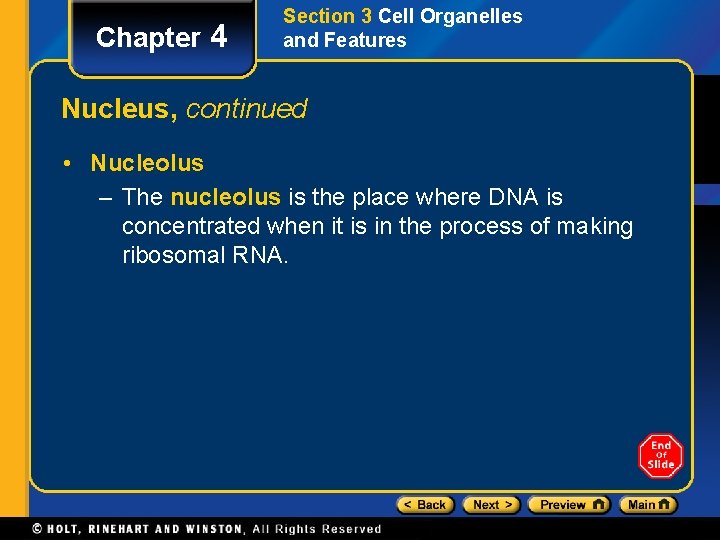 Chapter 4 Section 3 Cell Organelles and Features Nucleus, continued • Nucleolus – The