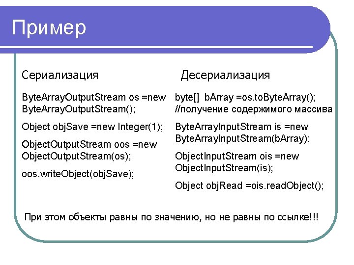 Пример Сериализация Десериализация Byte. Array. Output. Stream os =new byte[] b. Array =os. to.