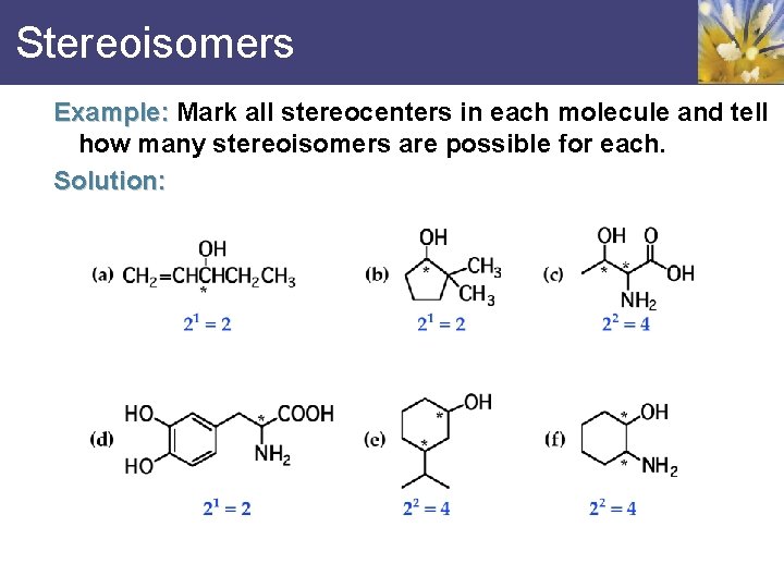 Stereoisomers Example: Mark all stereocenters in each molecule and tell how many stereoisomers are