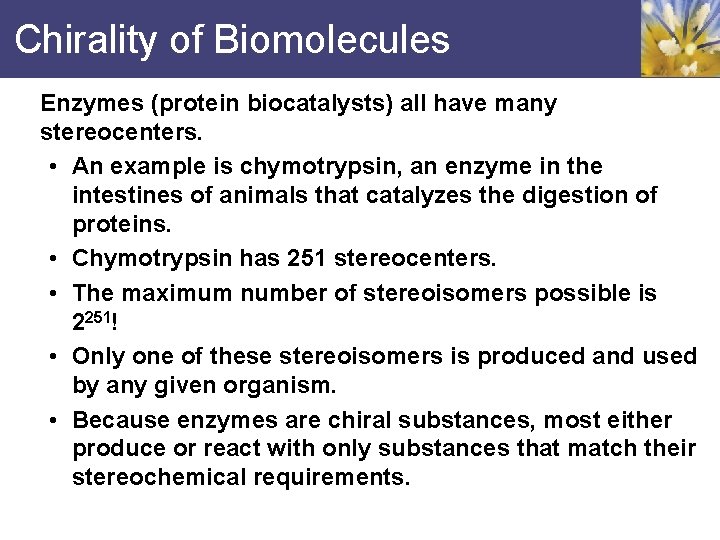 Chirality of Biomolecules Enzymes (protein biocatalysts) all have many stereocenters. • An example is
