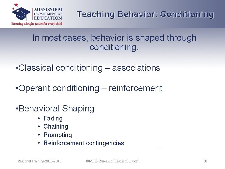 Teaching Behavior: Conditioning In most cases, behavior is shaped through conditioning. • Classical conditioning