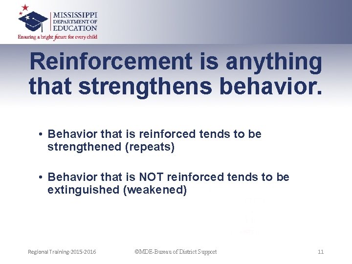 Reinforcement is anything that strengthens behavior. • Behavior that is reinforced tends to be