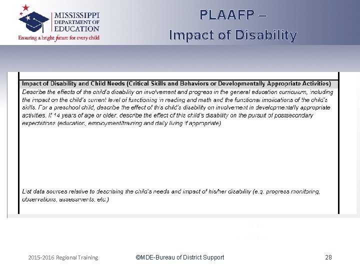 PLAAFP – Impact of Disability 2015 -2016 Regional Training ©MDE-Bureau of District Support 28