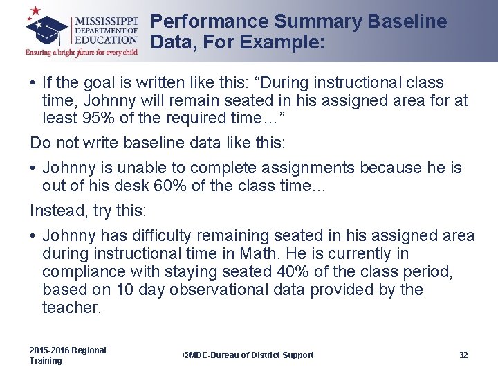 Performance Summary Baseline Data, For Example: • If the goal is written like this: