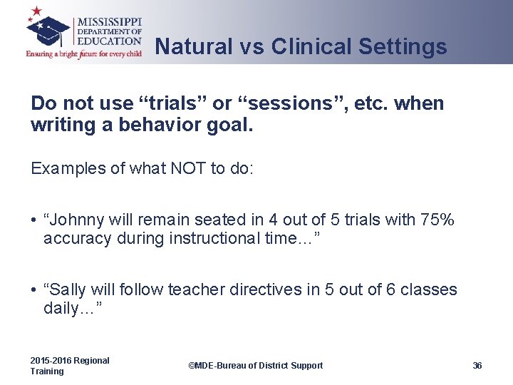 Natural vs Clinical Settings Do not use “trials” or “sessions”, etc. when writing a