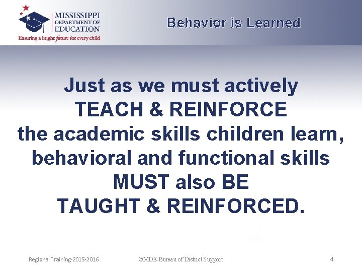 Behavior is Learned Just as we must actively TEACH & REINFORCE the academic skills